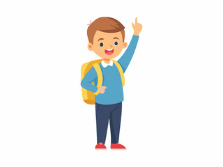 Cartoon illustration of a boy, likely a student, with his arms raised, pointing upward with both index fingers, wearing a light green sweater, light blue pants, and a red backpack.