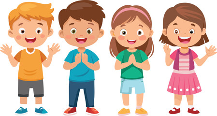 This cheerful illustration depicts four children, two boys and two girls, with expressive faces and friendly gestures.