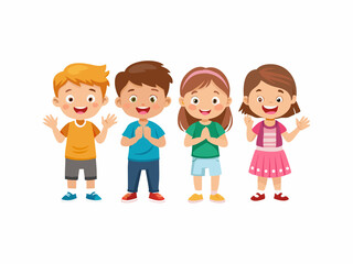 This cheerful illustration depicts four children, two boys and two girls, with expressive faces and friendly gestures.
