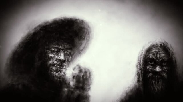Gloomy characters in the fog. 2D animation in horror fantasy genre. Dark place with fog and strange people. Cinematic background effect. 