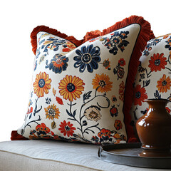 Elegant Floral Pillow Decorative Cushion Autumnal Colors Home Decor Throw Pillow Orange Red Blue Yellow Flowers Patterned Textile Comfortable Soft Luxurious Living Room Bedroom Interior Design cozy   