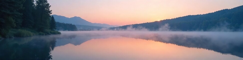 Fototapeta premium Serene lakeside view at dawn, mist clinging to the water, reflecting the tranquil sky Perfect for travel, nature, and relaxation themes , mesmerizing, reflection, sky
