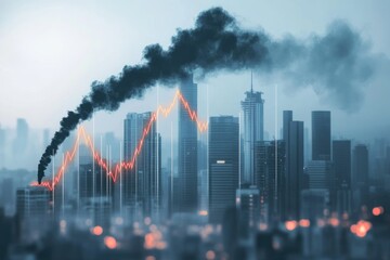 Fototapeta premium Smog-choked city skyline with rising pollution graph