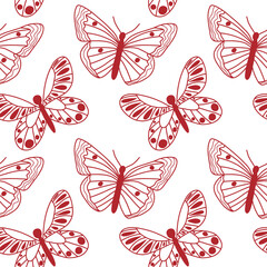 Obraz premium Red Butterfly Pattern on White Background with Decorative Details. Seamless red butterfly pattern illustrated on a white backdrop, featuring intricate, decorative details in a repeated motif. 