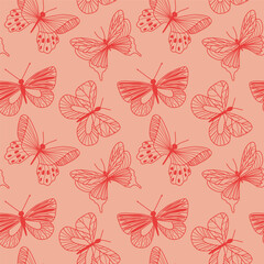 Seamless Pattern of Red Butterflies on Coral Background.  Illustration of a seamless pattern featuring detailed red butterflies on a coral background, perfect for designs related to nature, elegance