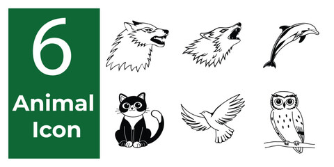 6 Animal Icon Set – Flat Vector Animal Icons for Zoo, Pets, Wildlife, and Nature Design Projects