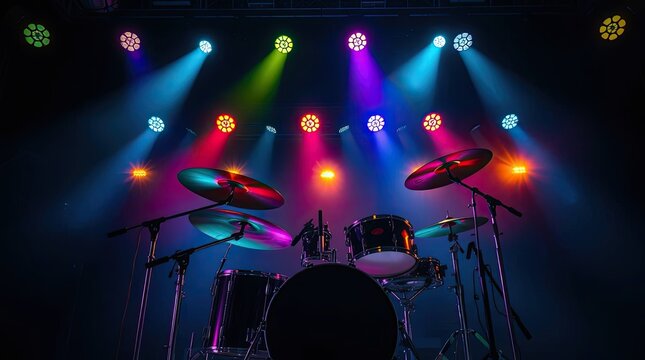 Illuminated stage with drum kit and colorful spotlights creates a vibrant musical atmosphere