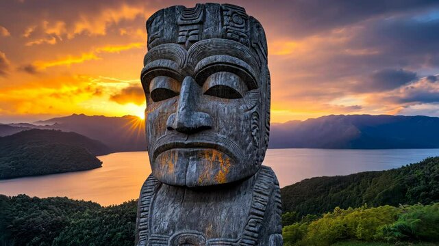 Traditional Maori carving on top of the hill with valley with majestic sunset on the background