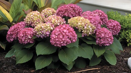 Obraz premium Vibrant Pink Hydrangea Bush Blooming in Garden