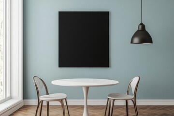 Empty room, light teal walls, black canvas, white table, two chairs