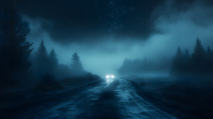 Night drive through foggy forest under starry sky