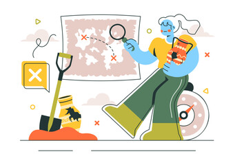 Archaeology Vector Illustration featuring an Archaeological Excavation of Ancient Ruins, Historical Artifacts, and Dinosaur Fossils in a Background