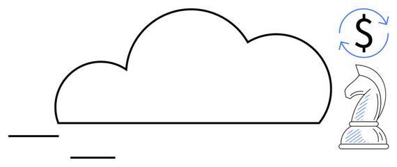 Cloud outline with dollar sign in circular arrows and chess knight symbol. Ideal for cloud computing, finance, strategy, investment, innovation, technology, teamwork concepts, flat simple metaphor