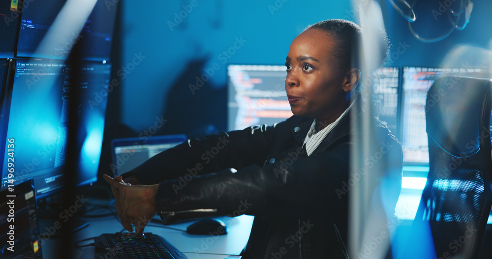 Poster Hacker, serious and woman with computer, night and data for cyber espionage, system and phishing in office. Online, programmer and black person with tech for ransomware, spy and hacking for fraud