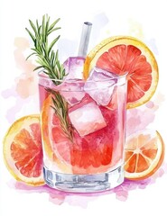 Watercolor illustration of a refreshing grapefruit cocktail