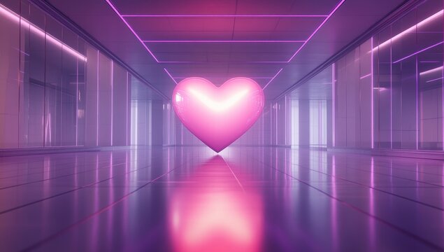 Pink heart floats in a futuristic corridor bathed in neon light - Powered by Adobe