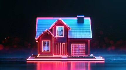 Neon-lit house model with colorful reflections on a dark background.
