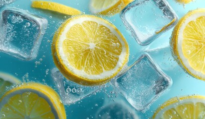 Fresh Lemon Slices and Ice Cubes Floating in Clear Water: Coolness and Refreshment