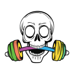 Colorful skull biting a dumbbell weightlifting fitness graphic design
