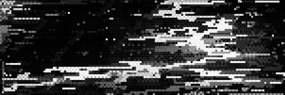 Poster pixel glitch background, monochrome digital noise texture. random black and white square particles o