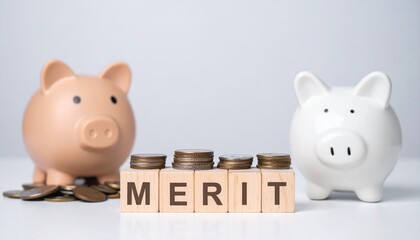 メリットを意味する英単語のMERITが書かれたキューブブロックと小銭と貯金箱。aiで生成	