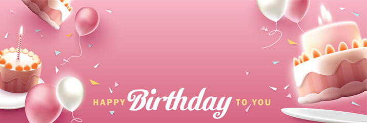 Happy Birthday celebration typography design with 3d birthday cake for greeting card, poster or banner. Vector illustration
