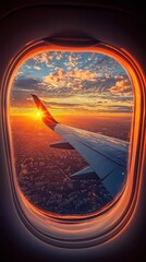 Naklejka premium Sunset Aerial View from Airplane Window: A Golden Hour Flight Above Cityscape