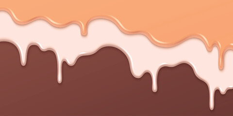 Melting ice cream drips background - white vanilla, brown chocolate and caramel creamy liquid flows down, milky sweet dessert splash, delicious frozen yogurt drops. Dribble tasty summer treat texture