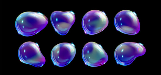Holographic drops collection - iridescent fluid blobs with vibrant neon colors from pink to blue and teal, glossy reflections and transparent distortions. Trendy abstract shapes set for modern design