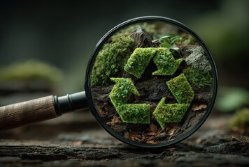Renewable Energy and Sustainability Planning Concept. Magnifying glass focuses on green recycle icon represent renewable energy, low emissions, environmental protection, and sustainable development.