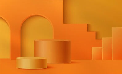 Orange podium setup - cylindrical pedestals of different heights in bright color with minimalistic geometric shape composition on wall for product display. Presentation abstract interior stage design.