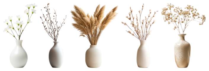 PNG Elegant vases with dried flowers, element set on transparent background