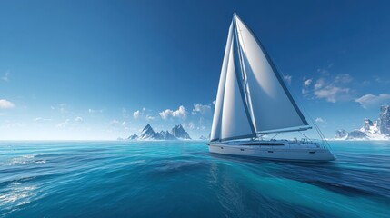 Obraz premium A sailboat sailing on the water with mountains in the distance under a clear blue sky