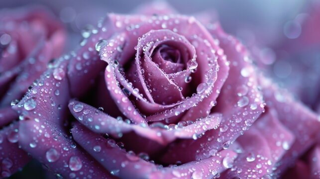 A macro shot of a single dewdrop resting on a soft pink rose petal, gentle morning light