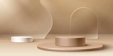 Beige cylindrical podiums or pedestals in varying heights - round platform stages for showcasing products. Soft brown minimalist background with elegant 3d stages, wavy backdrop and glass arch
