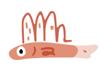 Abstract cartoon spiny fish drawing with a simple, flat design and exaggerated dorsal fins in bold red tones on a white background.