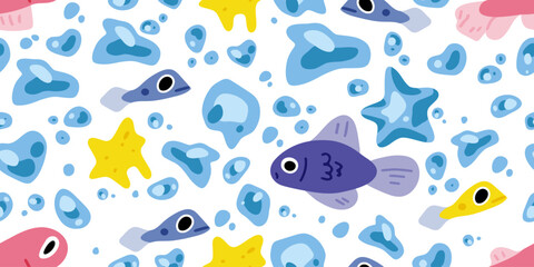 Seamless cartoon underwater fish pattern filled with playful sea creatures, bubbles, and star shapes in bright blues and yellows on a white background.