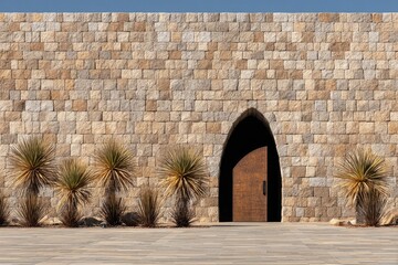 Stone archway entrance, desert landscape