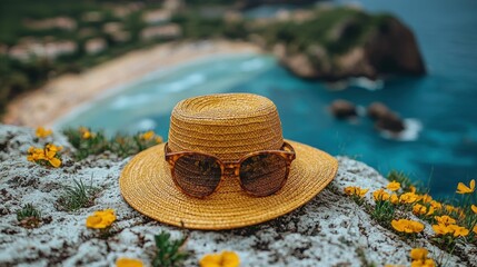 Summer Vacation Hat and Sunglasses on a Cliff overlooking the Ocean