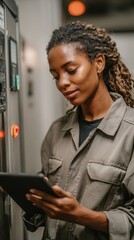 Female technician inspecting HVAC system with digital tablet