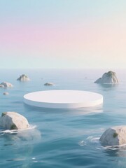 Obraz premium A circular platform floating on calm waters surrounded by rocks