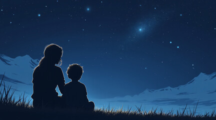 A Parent and Child Sitting Together Under a Starry Night Sky in Nature