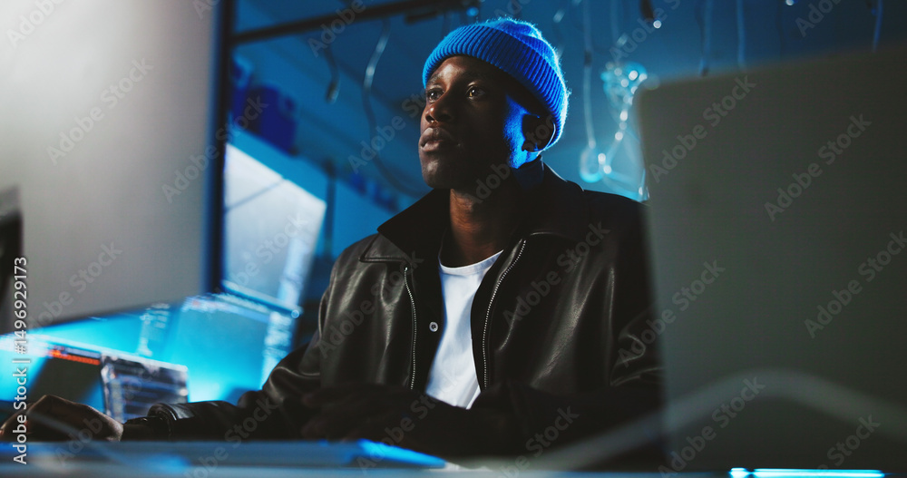 Poster black man, hacker and reading on pc at night for programming, cyber attack and online information. m