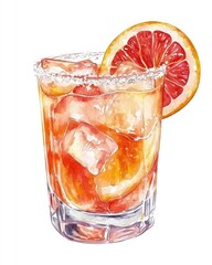 Watercolor illustration of a vibrant, iced grapefruit cocktail in a glass rimmed with salt