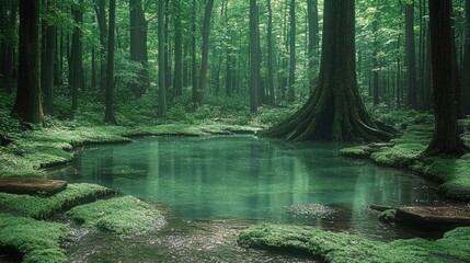Obraz premium Mystical Forest Pond with Lush Green.