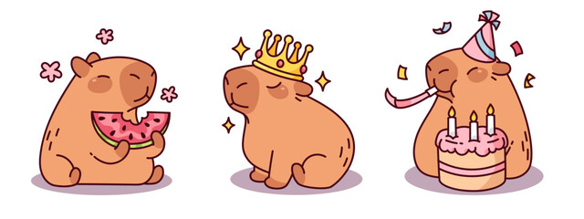 Cute capybara cartoon drawings - chubby rodent eating watermelon, adorable animal celebrating birthday and blowing candles on cake, joyful creature with crown on head. Kawaii funny cheerful capibara.