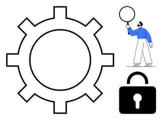 Large gear symbol, lock icon, person holding sphere. Ideal for technology, cybersecurity, teamwork, process, problem-solving, innovation business strategy simple landing page