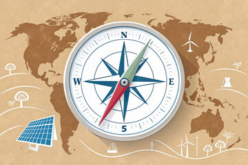 Digital compass with needle pointing north is placed over world map background, surrounded by illustrations of renewable energy sources like solar panels and wind turbines, symbolizing sustainable