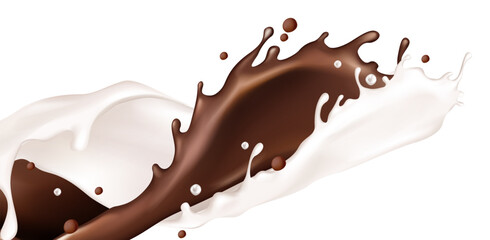 Milk and chocolate splash collision - creamy white liquid splattering with dark brown cocoa stream splashing. 3d dynamic food, abstract dairy product and sweet confectionery ingredient mixing.