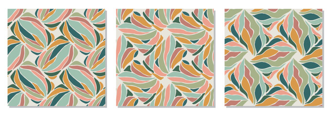 Set of trendy minimalist seamless botanical pattern with abstract creative hand drawn composition